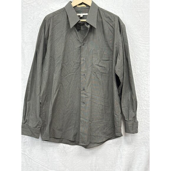 Perry Ellis Mens Gray Checked Button Up Dress Shirt Size 17-34 Long Sleeve - Picture 1 of 9